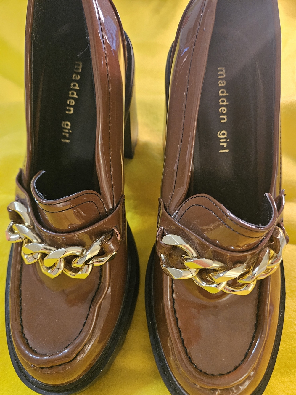 Madden Girl Brown Patent Block Heel Loafers with Gold Chain - Picture 4 of 6